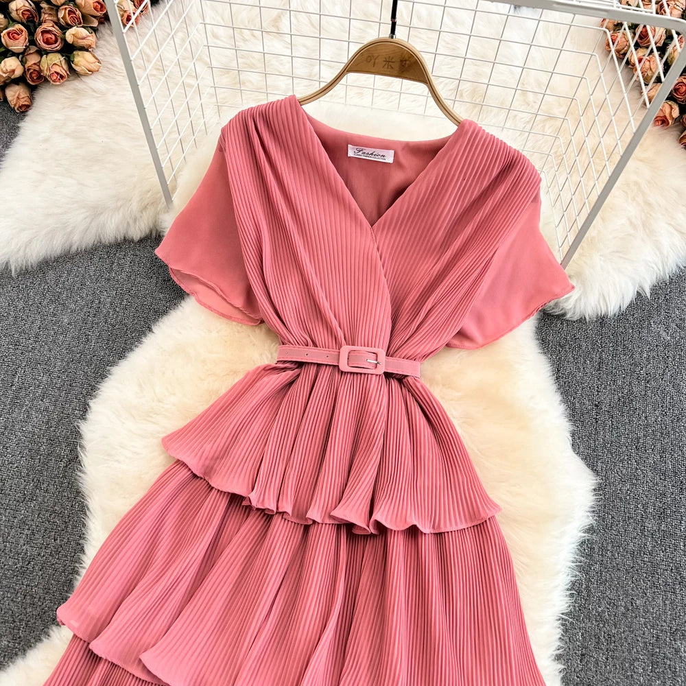 Babs Summer Beach Long Dress Women Elegant V-Neck Short Sleeve Cascading Ruffles Big Swing Female Red/Green/Pink Maxy Robe