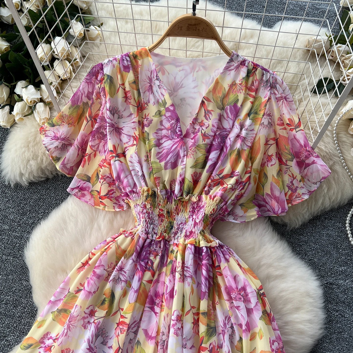 Maxy v neck Butterfly sleeve print elegant summer Dress A-line Flare Sleeve Vacation print Women dresses