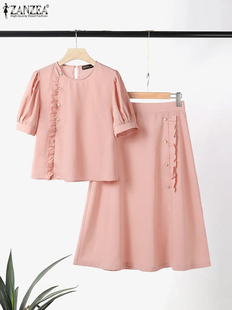 Maxy ZANZEA Vintage 2PCS Ruffled Dress Sets Women Buttons Outfits Summer Short Sleeve Tops Suit Casual Office Long Skirt Sets