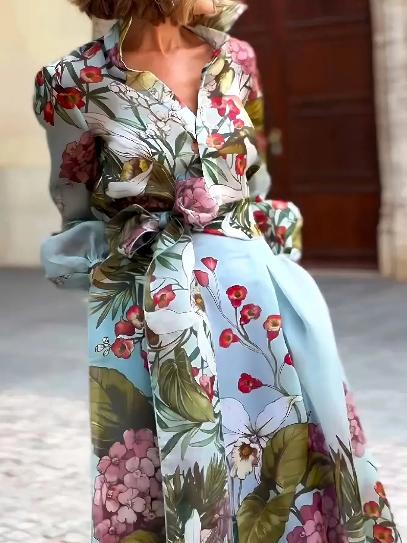 Maxy Spring Floral Print Women's Two Pieces Set Long Sleeve Shirts & High Waist Long Skirt Suits Female Chic Elegant Skirts Set
