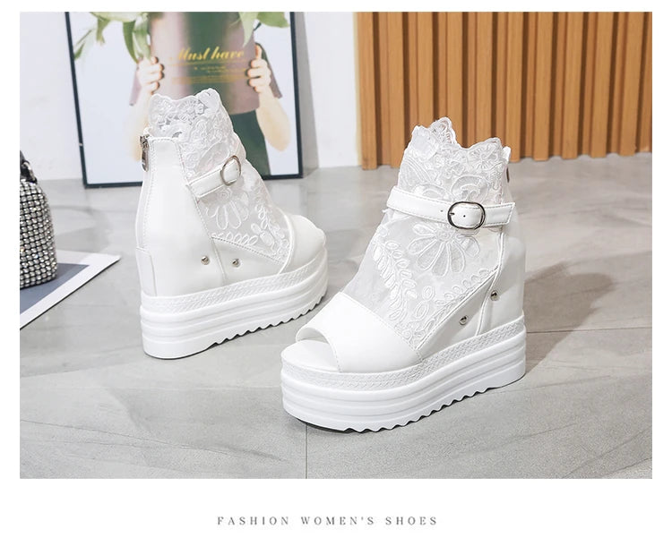 Summer Crystals Buckle Platform Sandals Women Cool ZIP Boots 10cm Wedges Heel Height Increasing Peep Toe Lace breathable Shoes