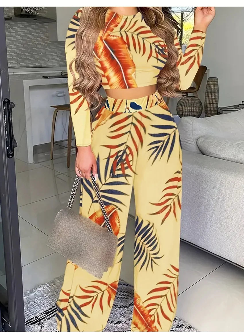 Macy Casual Fashion Two-piece Set Female Solid Long Sleeve O-Neck Tops & Floral Print Wide Leg Pants Outfits Women's Clothing