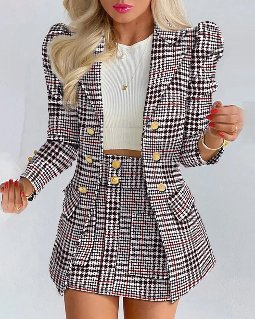 Spring Autumn New Printed Suit Set Short Skirt Women's Temperament Slim Tops Coat + Half Mini Skirt Female Office Suit Sets Kirt