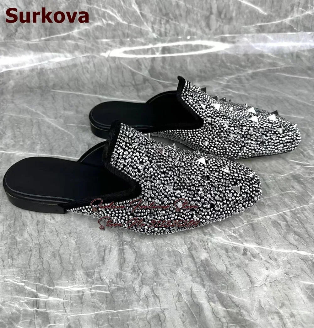 Maxy Surikova Men's Bling Silver Crystal Flat Slippers Metallic Rivets Loafers Slip-on Glittering Rhinestone Dress Shoes Mules