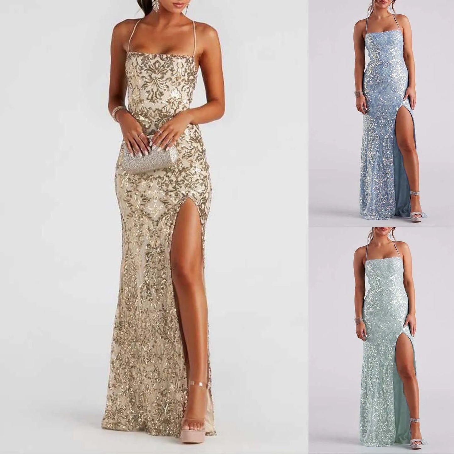 Macy Glitter Light Blue Evening Dresses Sequined Spaghetti Straps V Neck Mermaid Prom Gown Open Back Cross Straps Split Party Dress