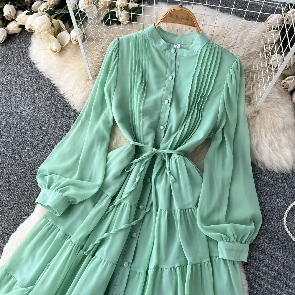 Maxy Spring Autumn Women Purple/Yellow/Blue Draped Chiffon Midi Dress Elegant Stand Collar Single Breasted Lantern Sleeve dress