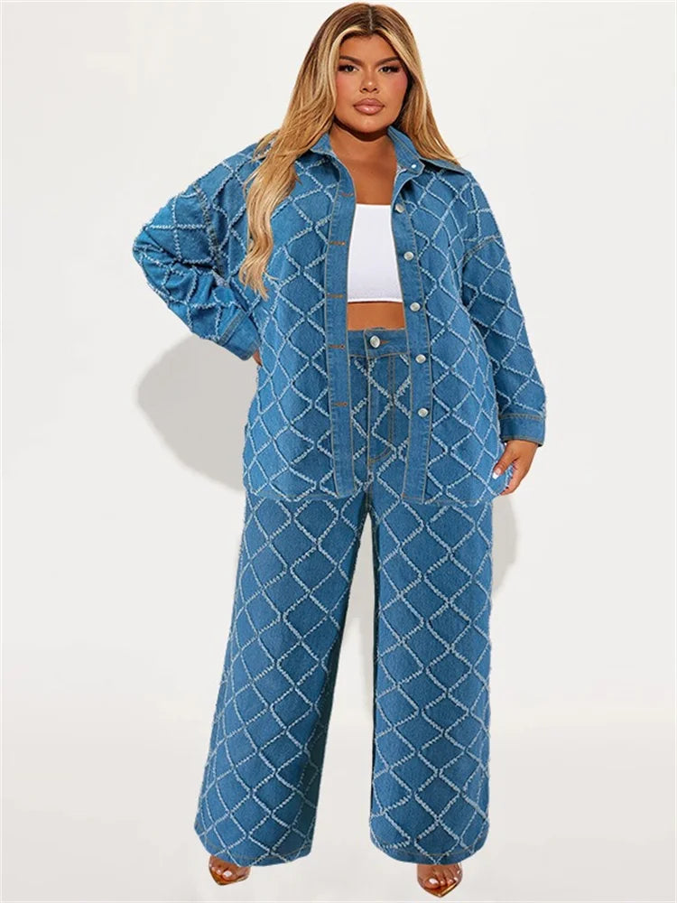 Maxy Plus Size Denim Two Piece Sets Women Fall Clothing Print Long Sleeve Tops Pants New Matching Suits