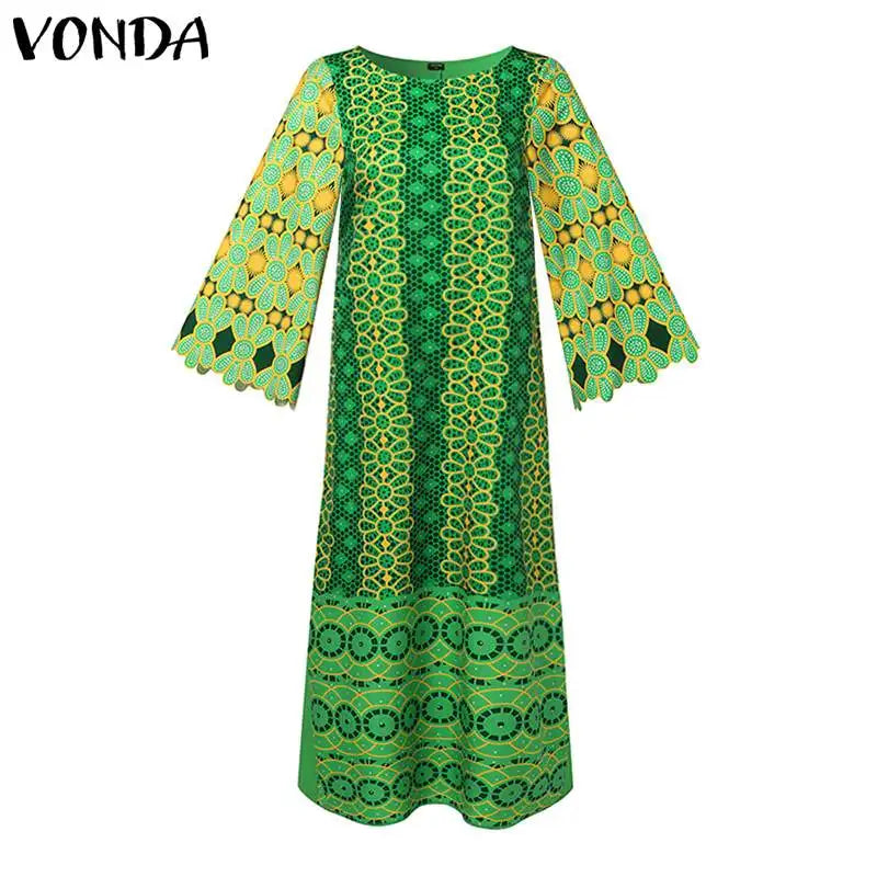 Maxy Plus Size 5XL VONDA Summer Dress 2024 Women Party Sundress Bohemian Printed Vintage Long Flare Sleeve Casual Loose Robe