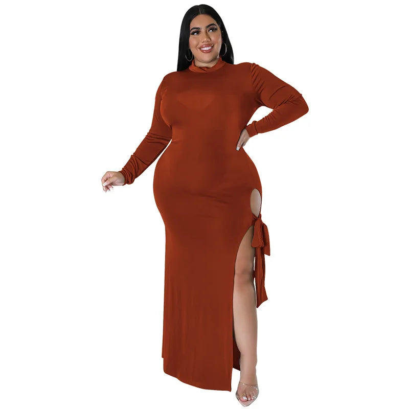 Maxy Plus Size Fall Clothing Women Long Sleeve Fashion High Slit Split Sexy Hollow Out Long Maxy Dress