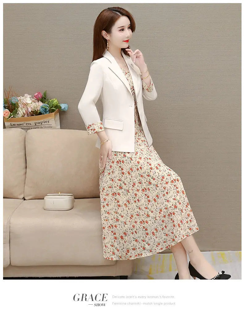 Maxy Women's Dress Set Spring Summer New Fashion Floral Suit Jacket+chiffon Skirt Two-piece Korean Casual Blazers Matching Sets