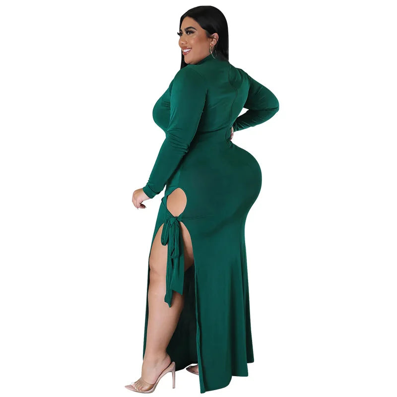 Maxy Plus Size Fall Clothing Women Long Sleeve Fashion High Slit Split Sexy Hollow Out Long Maxy Dress