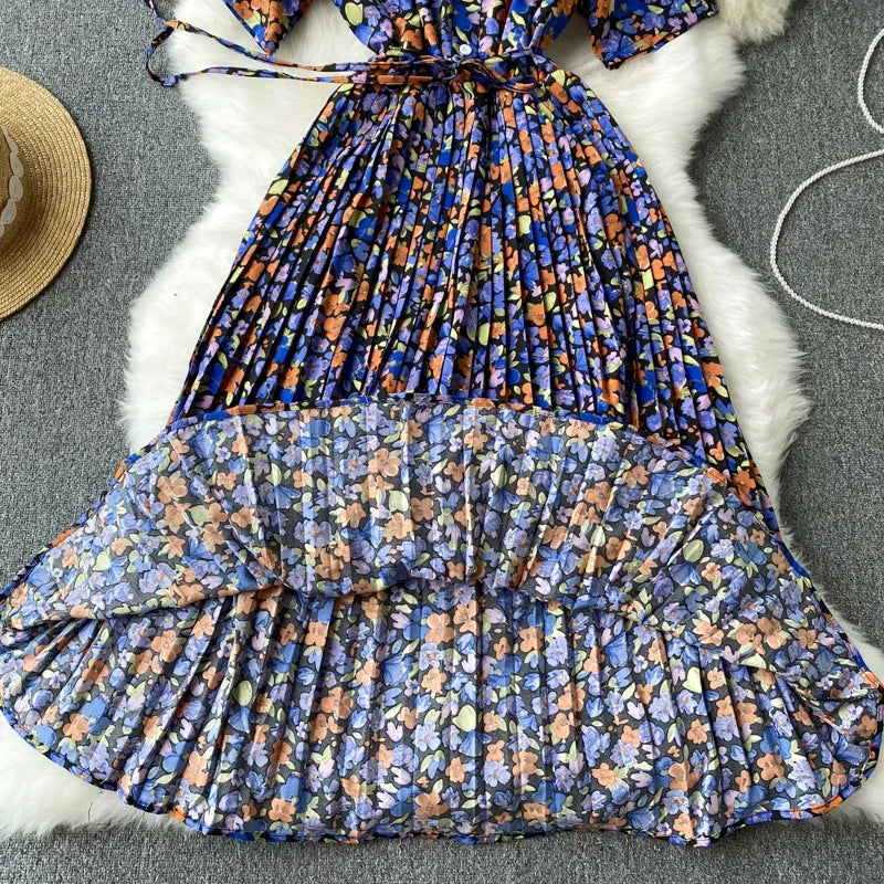 Momsey Summer Women V-Neck Short Sleeve Bandage Slim Long Dress Chic Sweet Floral Pleated Hem Vacation Dress