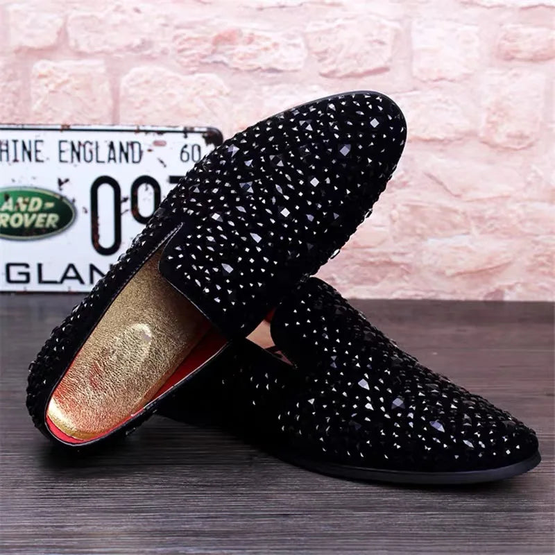 Visco Fashion Men Rhinestones Club Wedding Loafers Moccasins Men's Casual Shoes Suede Leather Mens Light Comfortable Driving Flats