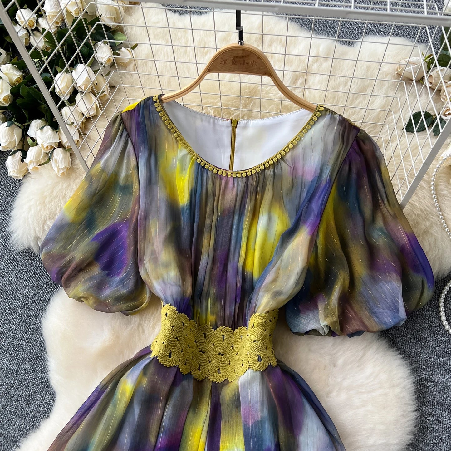 Maxy sweet tie dye Lantern Sleeve embroidery o neck chiffon Dress French Party Elegant Summer Sexy Slim Women dresses