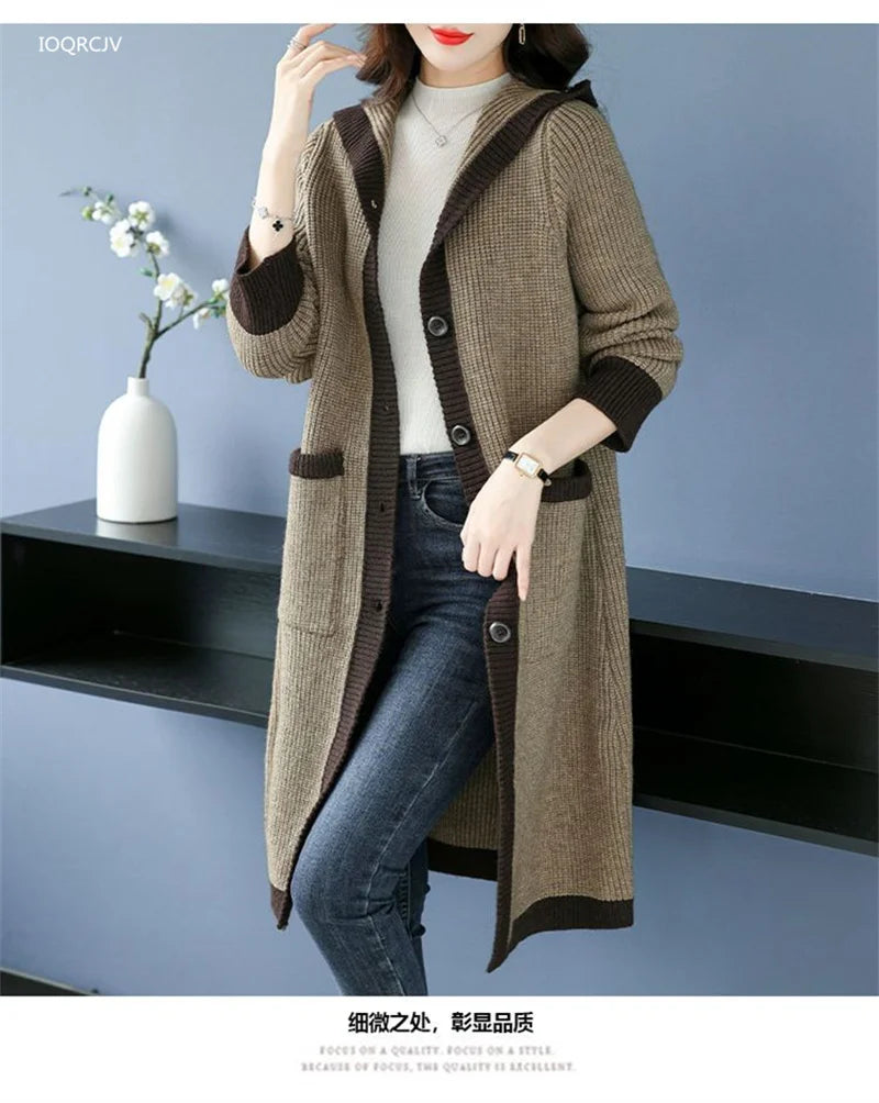 Maxy new Hooded Knitted Momsey Sweater Coat Women Autumn Winter Long Wool  AmericanFemale Casual Loose Knitting Jacket Large Size 5XL