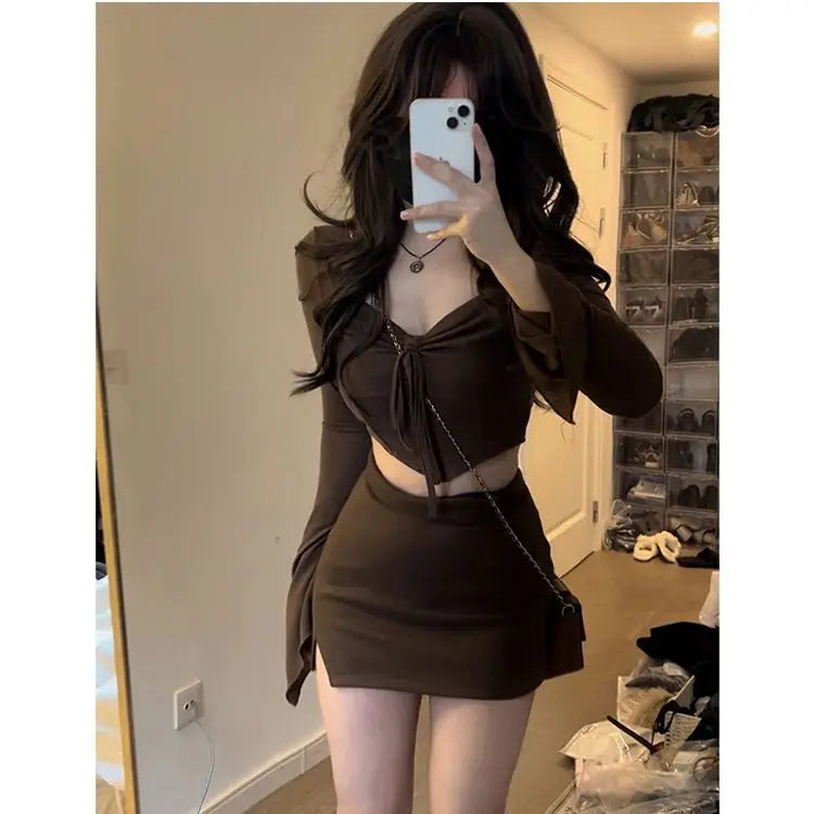 Two Peice Dress Set for Women Blouse and Skirt Set Y2K Brown Square Neck Pleated Long Sleeve Corset Shirt Cropped Top Mini Skirt