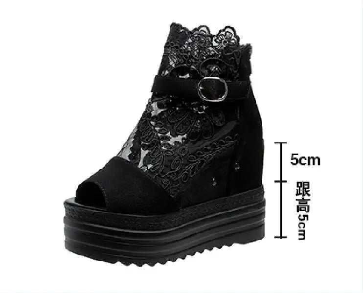 Summer Crystals Buckle Platform Sandals Women Cool ZIP Boots 10cm Wedges Heel Height Increasing Peep Toe Lace breathable Shoes