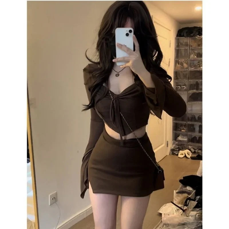 Two Peice Dress Set for Women Blouse and Skirt Set Y2K Brown Square Neck Pleated Long Sleeve Corset Shirt Cropped Top Mini Skirt