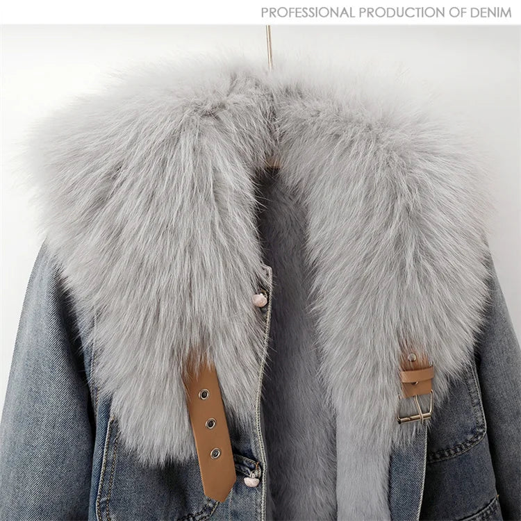 Maxy Natural Fox Fur Collar Rabbit Hair Liner Denim Jacket Women Cowboy Outwear Winter Thick Vintage Slim Short Jeans Jacket Female