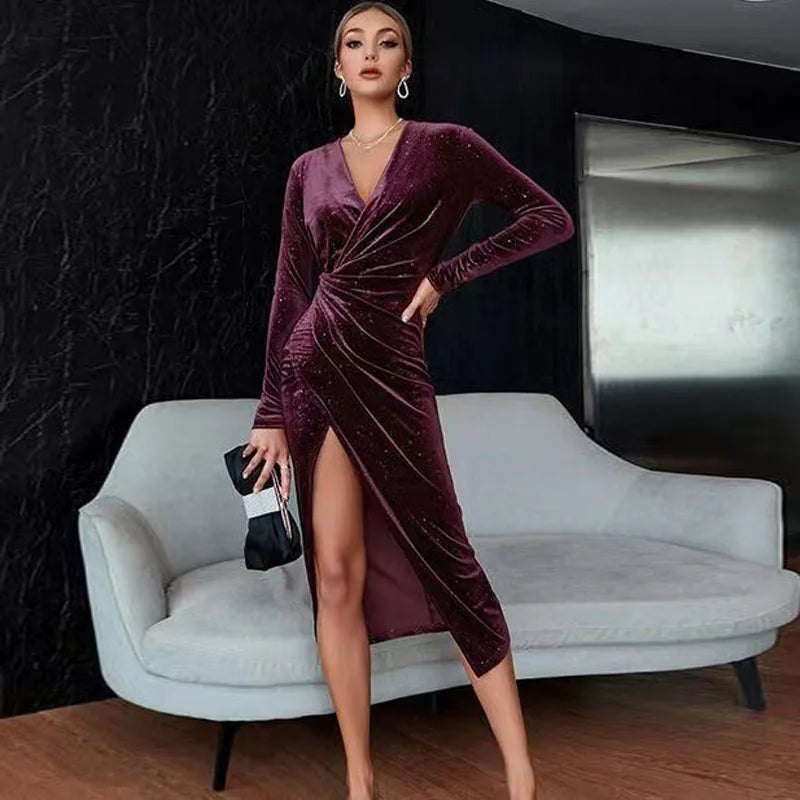 Babs New Cross Border Evening Dress Sexy Open Leg Long Sleeve Mid Length Dress Golden Velvet Nightclub Dress