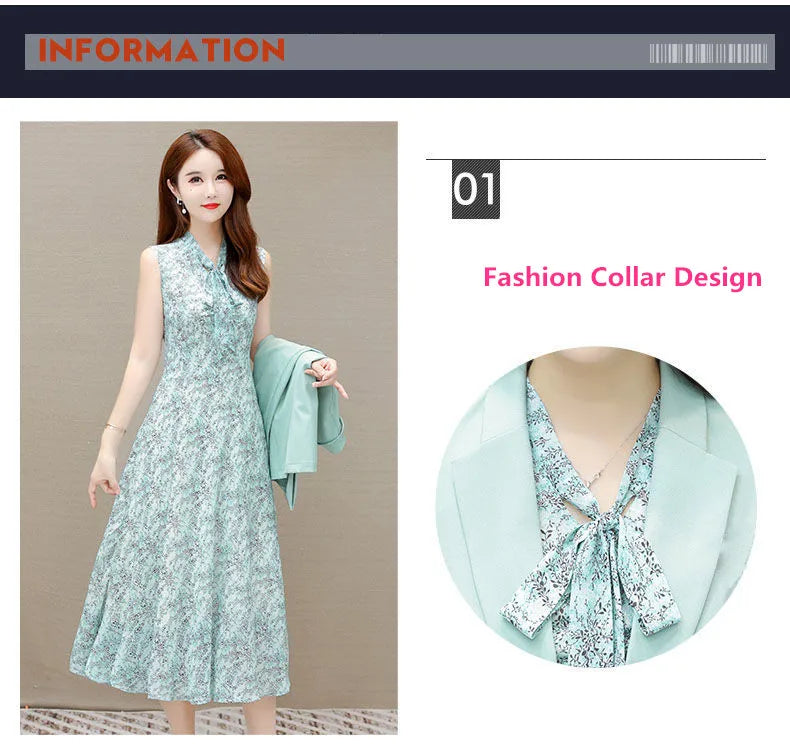 Korean Babs Elegant Suit Jacket Dress Set Women's Autumn New Fashion Blazer Coat Chiffon Floral Dresses Two Piece Female Clothing