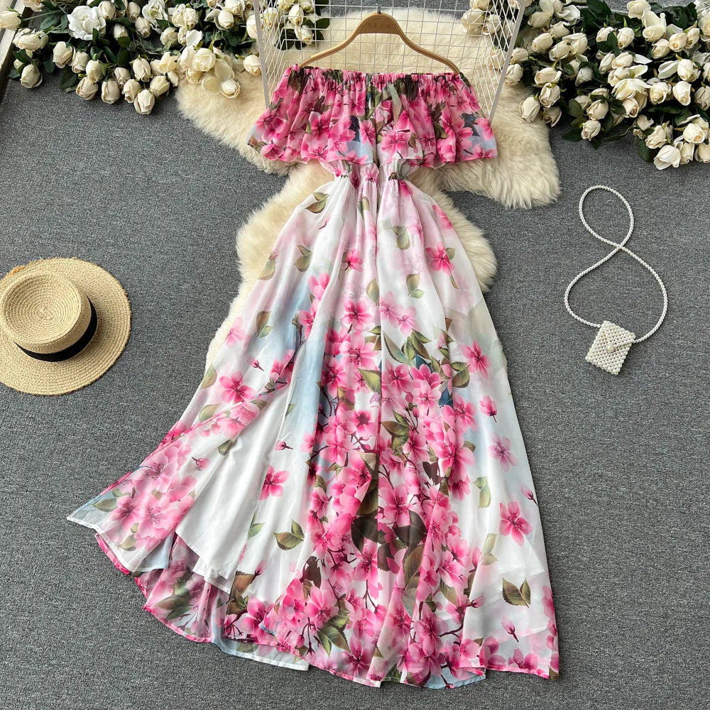 Summer Ruffle Off The Shoulder Chiffon Dress Women Sexy Slim A-line Printed Dresses Ladies Viantage Beach Split Maxi Dress