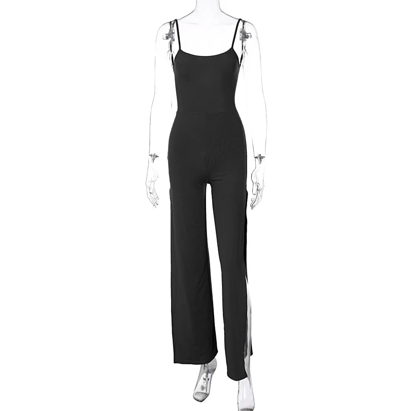 Maxy Summer Women Sexy Y2K Lace Up Backless Strap Rompers Slit Wide Leg Jumpsuit Outfits Vacation Streetwear Overalls