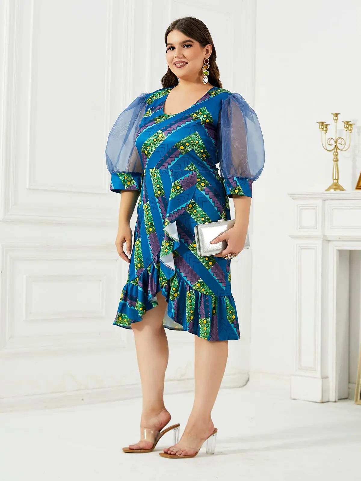 Maxy Plus Size New Fashion Women OL Commute Dress Half Puff Sleeve Printing Lace Patchwork V-neck Irregular Oversize Lady Dress 2024