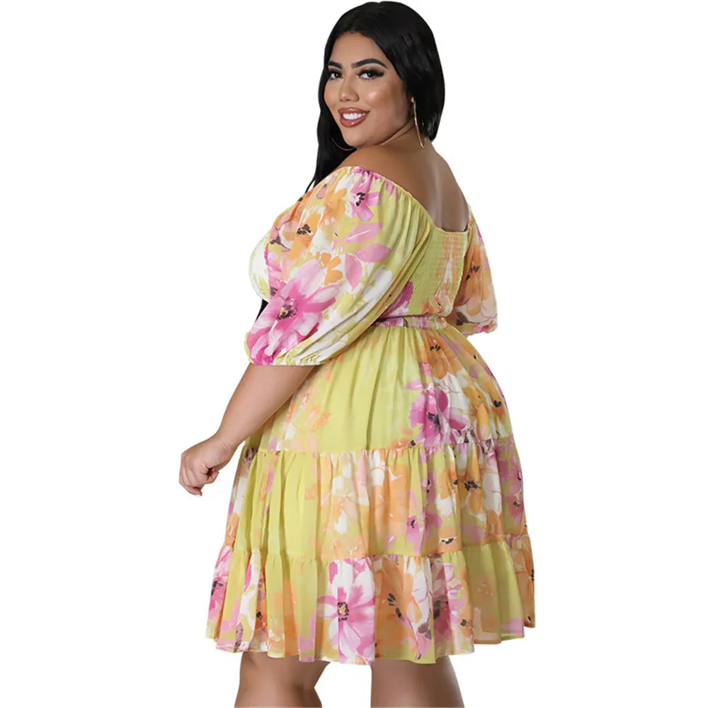 Maxy Plus Size Summer Dresses Women's Clothing Flower Printed One Shoulder Elegant Mini Dress Hot Sale