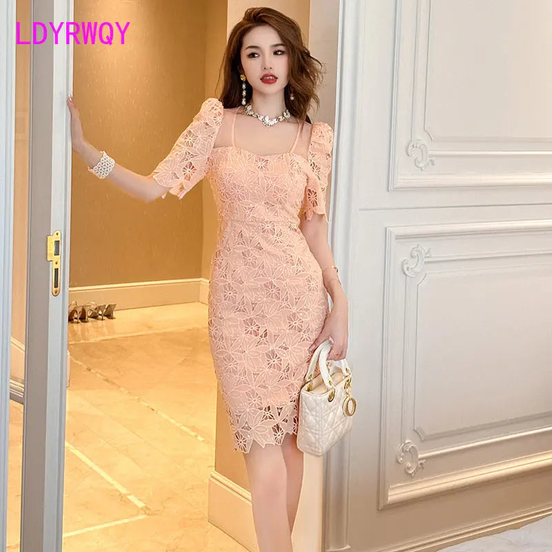 Summer 2024 Maxy new square collar water-soluble lace slim dress small children