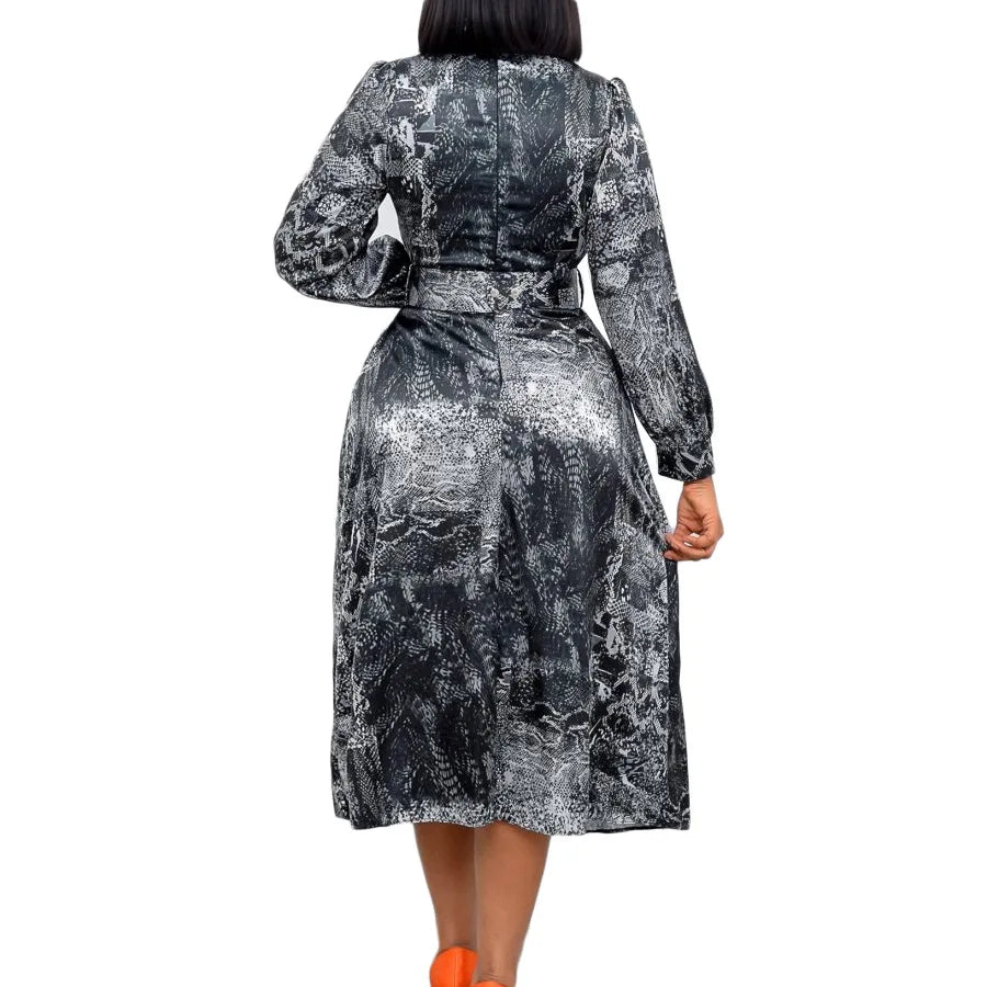 Maxy Clothing for Women High Waist Elegant Dress Office Work Wear Long Sleeve Printed Party Dress