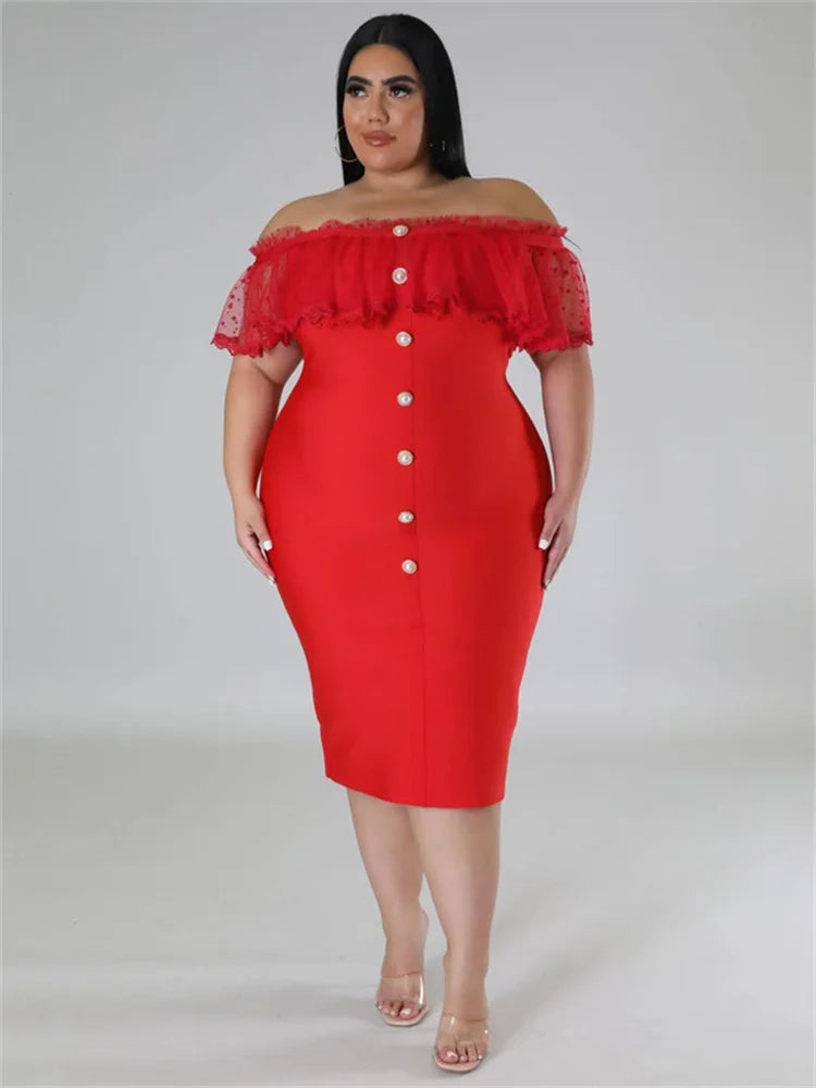 Maxy Plus Size Party Dress Women Clothing Solid Mesh Patchwork Off Shoulder Dress Fashion Outfits