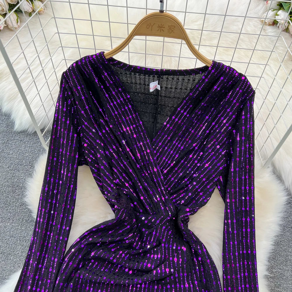 Babs Elegant Chic Y2K Women's Dress Long-sleeve V-neck Split Sequins Patchwork Hip Warp Dresses Autumn Winter