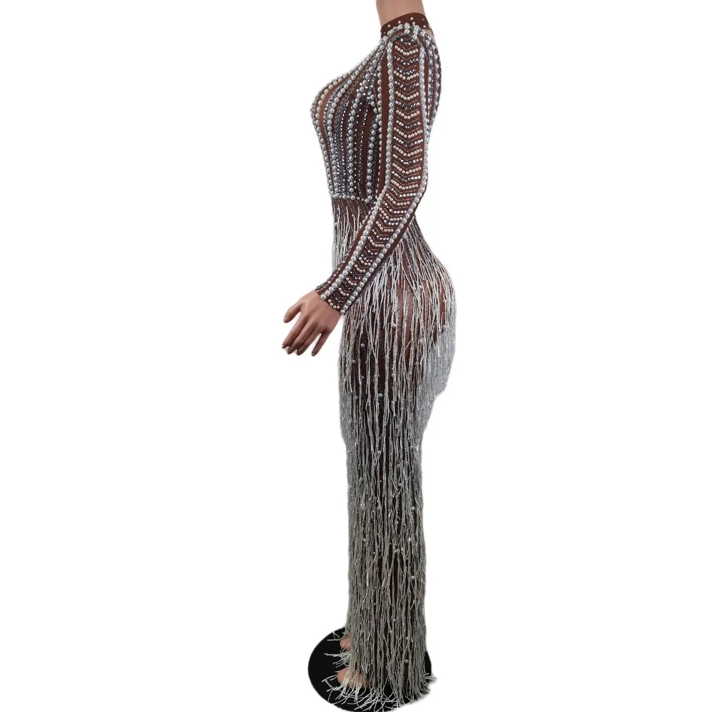 Macy Luxury Pearl Tassel Mermaid Evening Dresses for Women Wedding Party Long Sleeve Formal Gowns Lady Bodycon Diamond Long Dresses