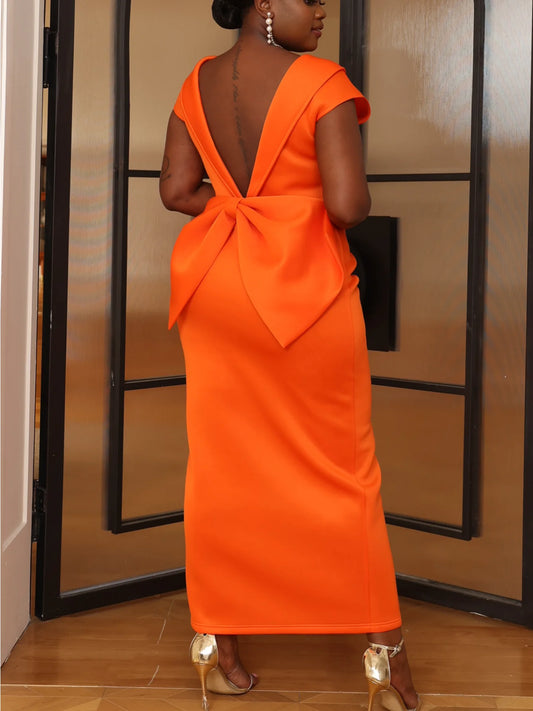 Maxy Women Wedding Guest Orange Dress Sexy Backless Big Bow Long Split Sheath Elegant African Gowns Celebrate Robes dress