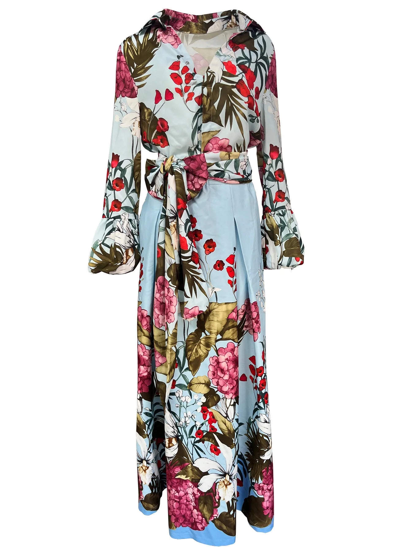 Maxy Spring Floral Print Women's Two Pieces Set Long Sleeve Shirts & High Waist Long Skirt Suits Female Chic Elegant Skirts Set
