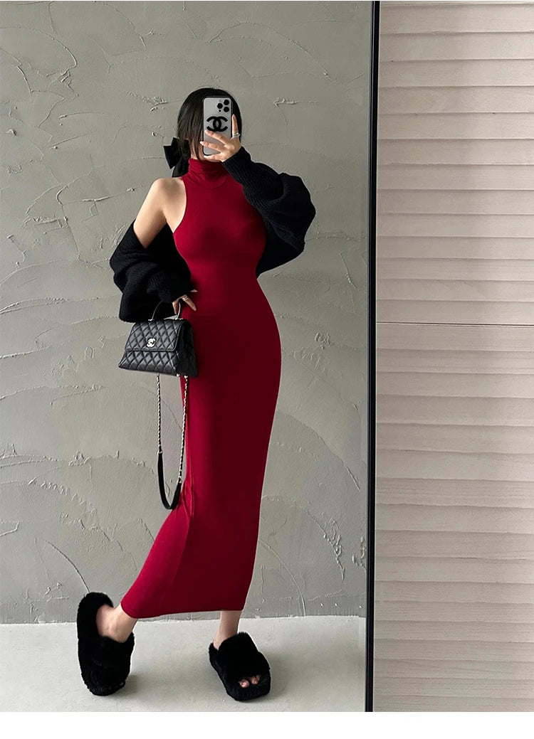 Maxy Red Fashion Sexy Turtleneck Midi Dress Women Party Club Ladies Bodycon Elastic Peach Hip Elegant Long Dresses for Woman