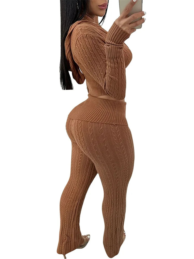 Maxy New 2 Piece Sets Women Clothing Pants Sets Casual Solid Color Knitted Long Sleeved Two-piece Set
