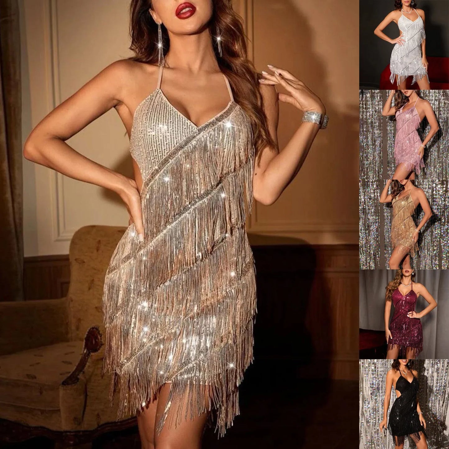 Babs Dresses for Women Spaghetti Strap Solid Color Backless Tassel Glitter Sparkly Sequin Dress for Women Shiny Women's Dress