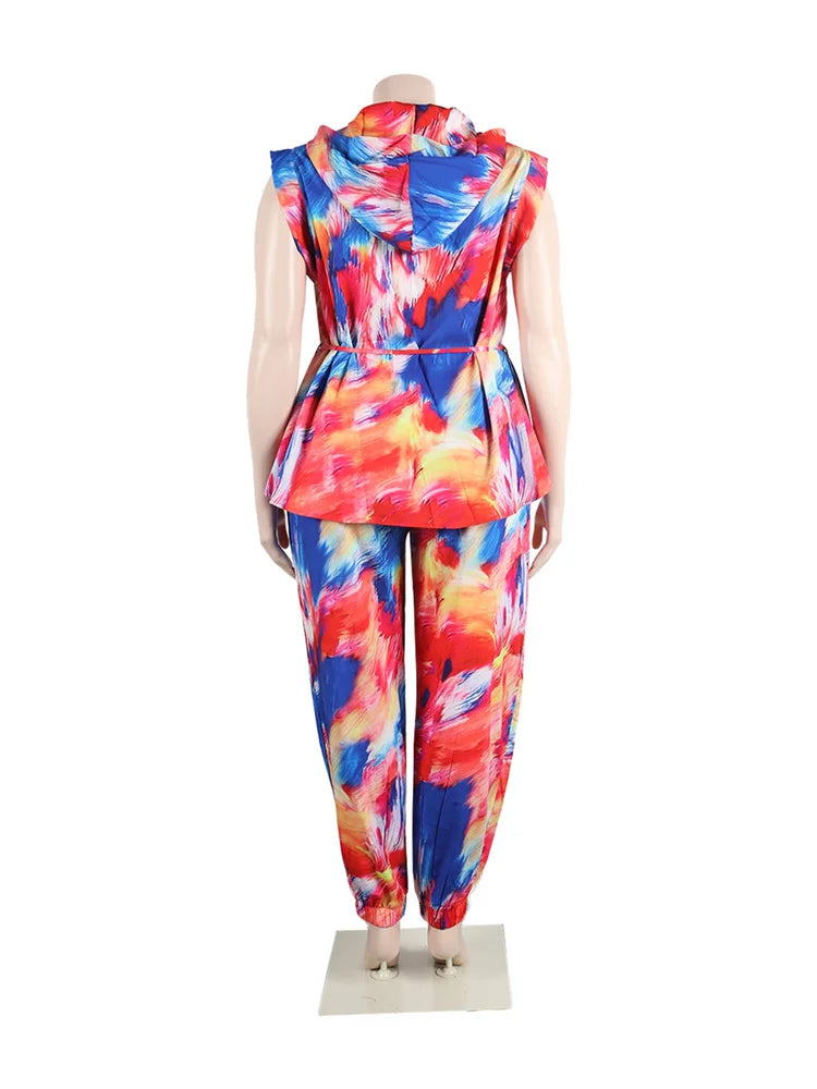 Maxy Plus Size Women Clothing Two Piece Set Hoodies Tie Dye Casual Loose Top and Pants Matching Suit