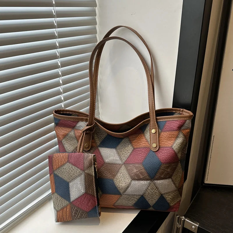 Maxy Vintage Patchwork PU Leather Casual Tote Bags For Women, Large Capacity Shoulder Bag Ladies Handbags And Purses