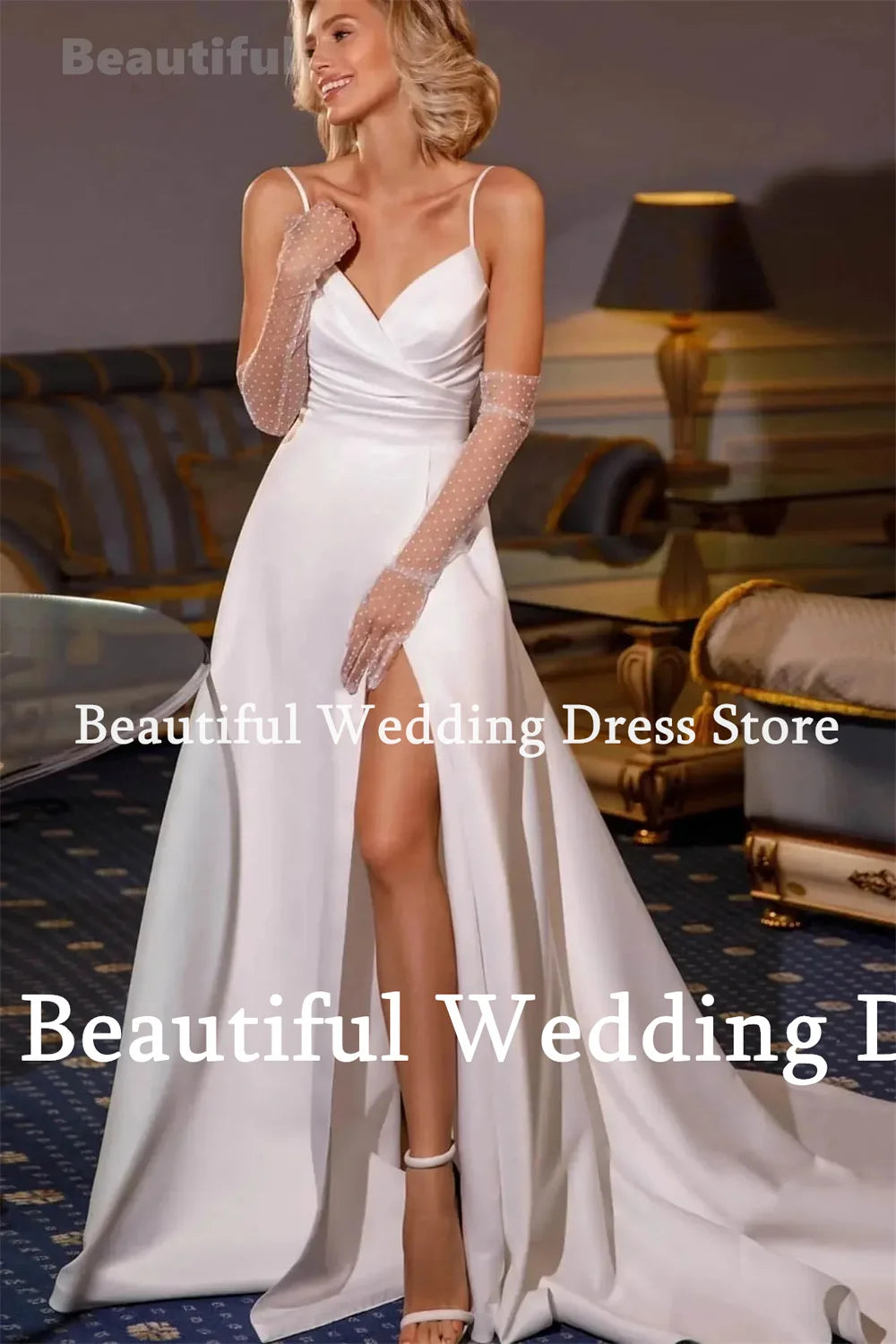 Babs New Simple Satin Wedding Dress for Women V-Neck Spaghetti Straps Lace-Up Back Design A-Line Side Split Vestidos Bridal Gown