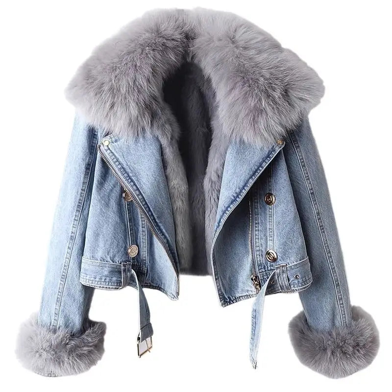 Maxy Short Thicken Denim Jacket For women Autumn Winter Detachable Imitation Fox fur Zipper Denim Coat Female Warm Parker Tops