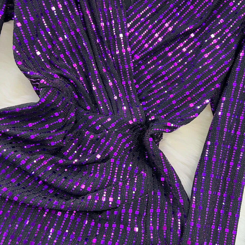 Babs Elegant Chic Y2K Women's Dress Long-sleeve V-neck Split Sequins Patchwork Hip Warp Dresses Autumn Winter