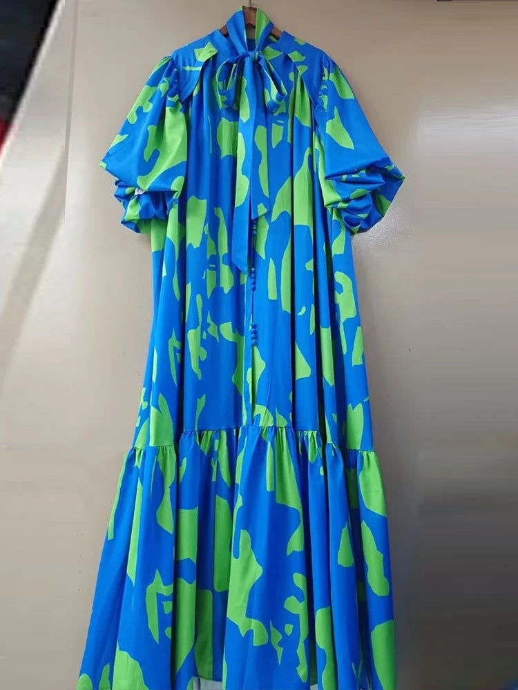 Maxy Elegant single-breasted bubble short sleeve geometric printing casual loose dress summer ladies temperament lace-up dress