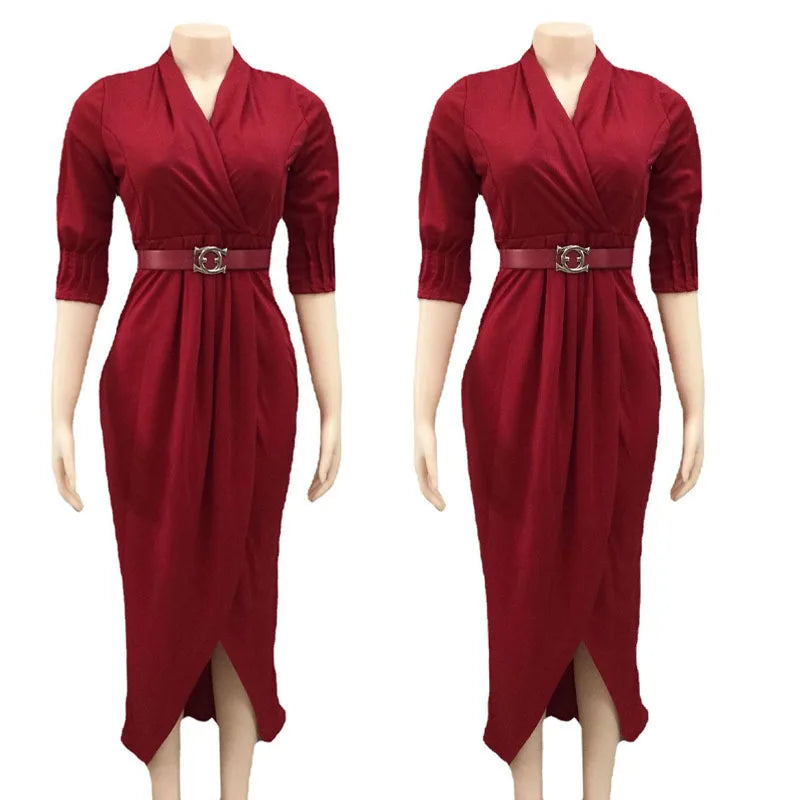 Maxy Elegant Office Ladies Dresses Women Fall Clothes Plus Size Long Sleeve Slim 3XL Dresses With Belt