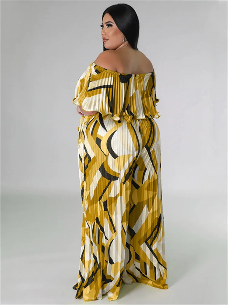 Maxy Plus Size Jumpsuit Women Clothing Pleated Wide Leg Off Shoulder Romper Printed One Piece Outfits