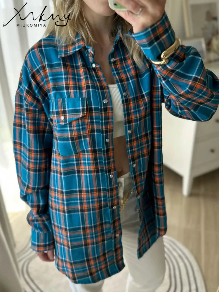 Maxy Green Vintage Plaid Shirt Women Oversize Top Long Sleeves Autumn Winter Loose Women's Shirt And Blouses Oversized