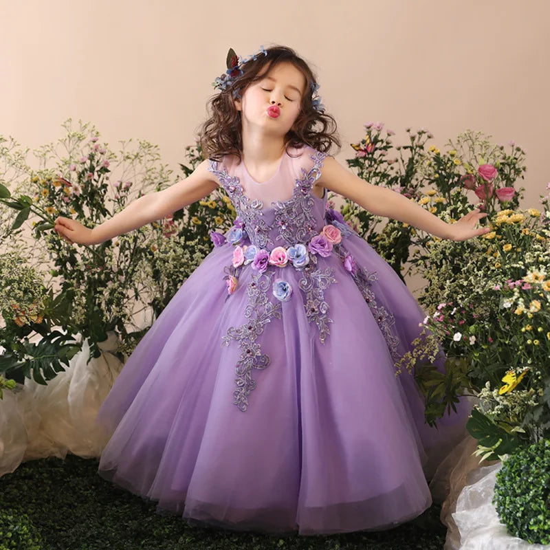 Macy Princess Kid Girls Prom Elegant Dress Tulle robe de Princess Tutu Piano Costume Purple Birthday Party Christmas Easter Host Dress Clothes