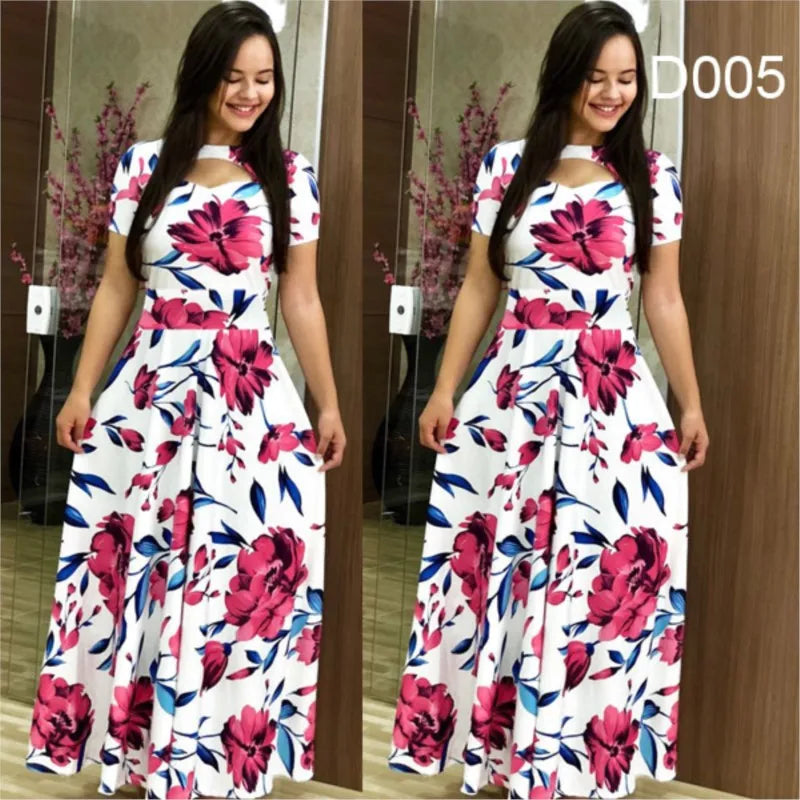 Babs Elegant Spring Women's Dress Casual Fashion Floral Print Short Sleeve Super Long Dress New Fashion Hollow Out Long Dresses